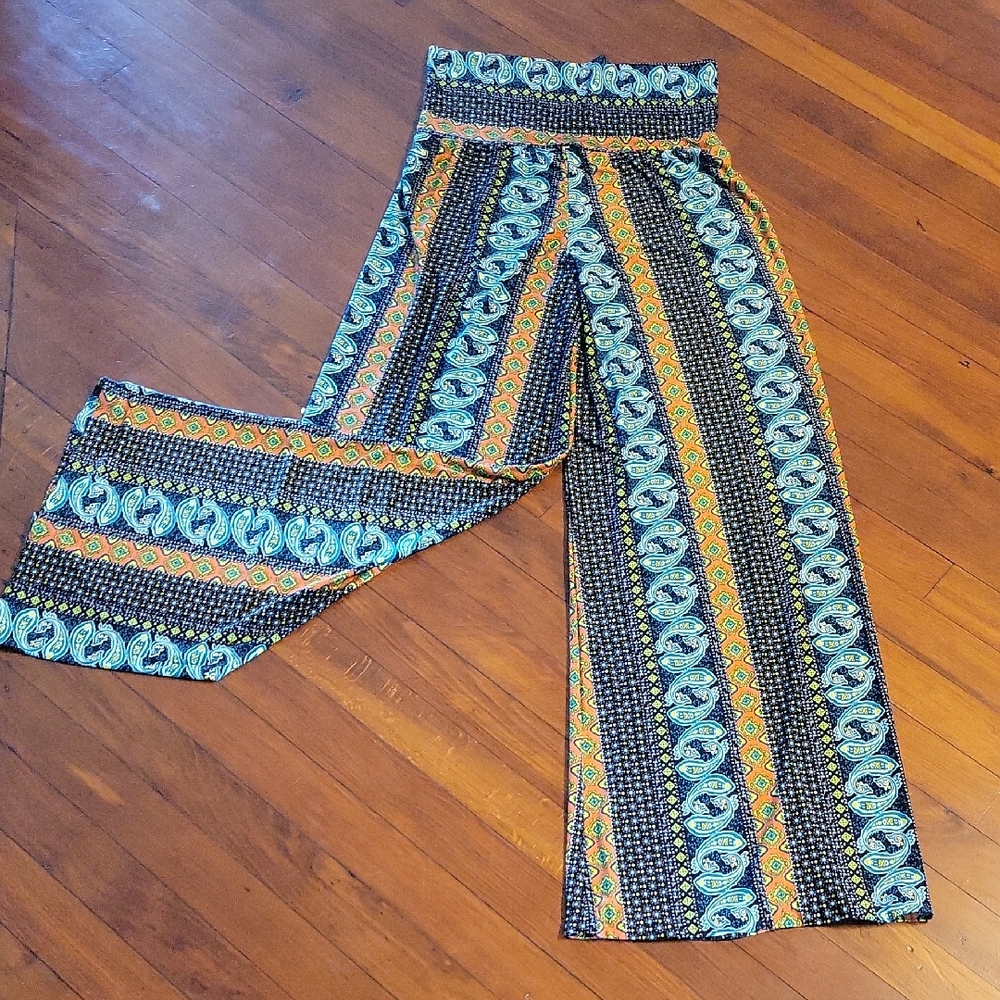 Pink Wide Leg Lounge Trousers-Stretchy, Comfortable-Womens Size Large Bold Print